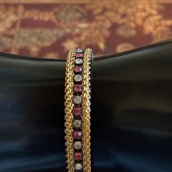 Vintage Goldtone Rope Chain Red Clear Rhinestone Bracelet 6” - Picture 2 of 5